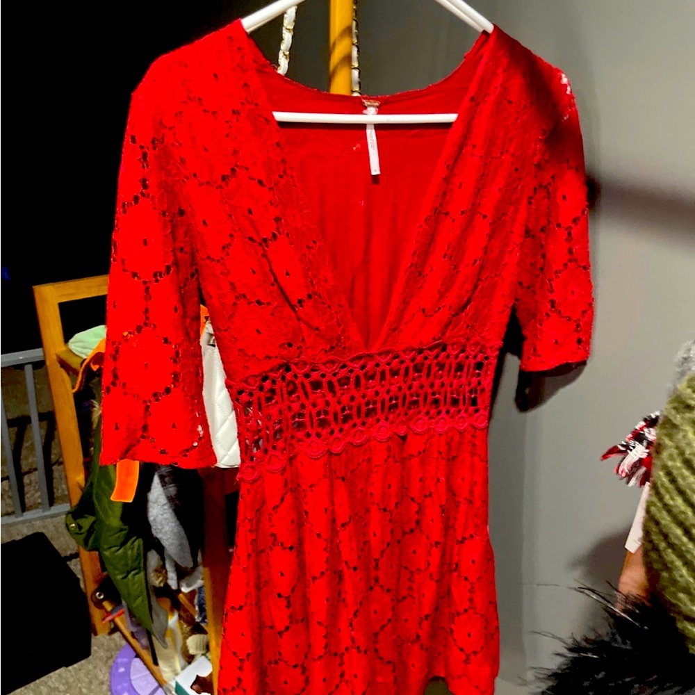 Red floral laced plunging neck free people romper with zipper
